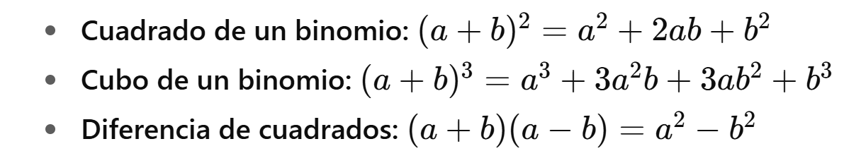 Fórmulas de los productos notables