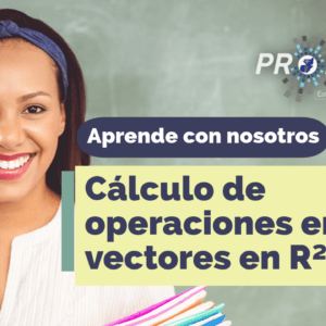 Una maestra mujer sostiene algunos cuadernos. Presenta el tema "Cálculo de operaciones entre vectores en R2". Aparece la leyenda "Aprende con nosotros" del Programa Nacional de Educación Alternativa (PRONEA).