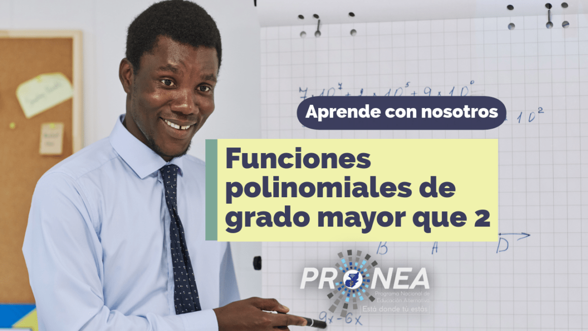 Funciones polinomiales de grado mayor que 2 Un profesor explica el tema "Funciones polinomiales de grado mayor que 2". Se lee la leyenda "Aprende con nosotros" del Programa Nacional de Educación Alternativa (PRONEA).