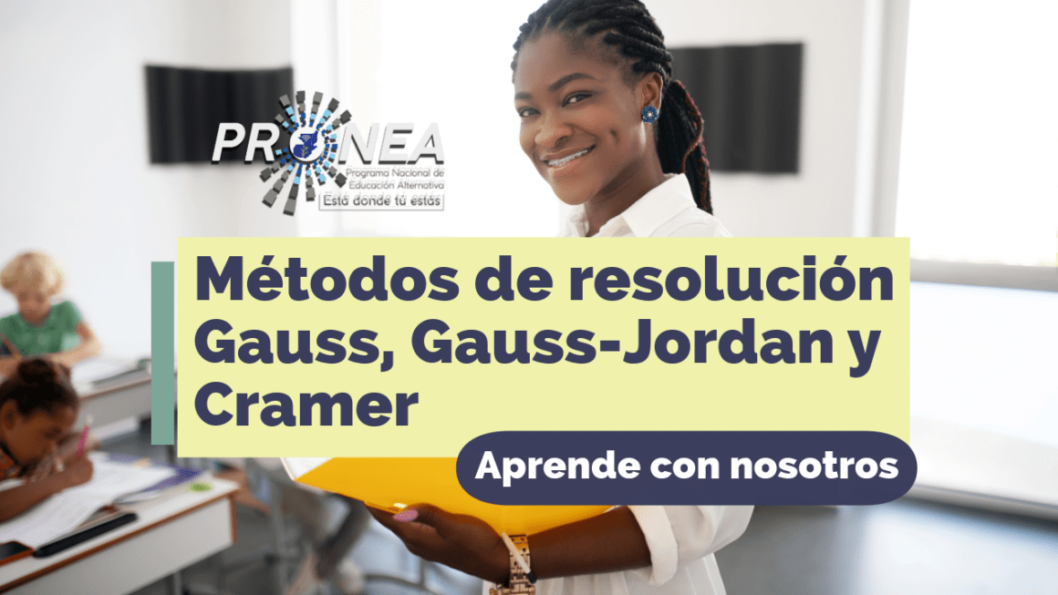 Aparece una maestra. Presenta el título "Métodos de resolución Gauss, Gauss-Jordan y Cramer". Aparece la leyenda "Aprende con nosotros", del Programa Nacional de Educación Alternativa (PRONEA).