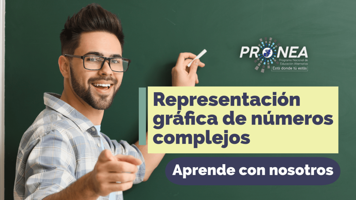 Un profesor con una tiza en la mano que te indica sobre el tema de "Representación gráfica de números complejos". Está la leyenda "Aprende con nosotros", del Programa Nacional de Educación Alternativa (PRONEA).