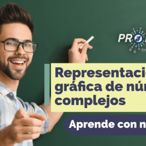 Un profesor con una tiza en la mano que te indica sobre el tema de "Representación gráfica de números complejos". Está la leyenda "Aprende con nosotros", del Programa Nacional de Educación Alternativa (PRONEA).