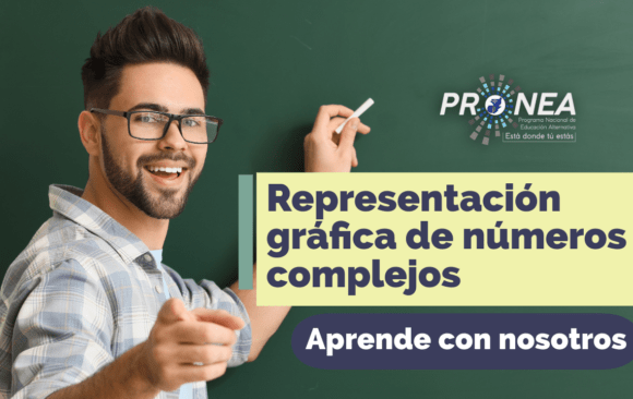 Un profesor con una tiza en la mano que te indica sobre el tema de "Representación gráfica de números complejos". Está la leyenda "Aprende con nosotros", del Programa Nacional de Educación Alternativa (PRONEA).
