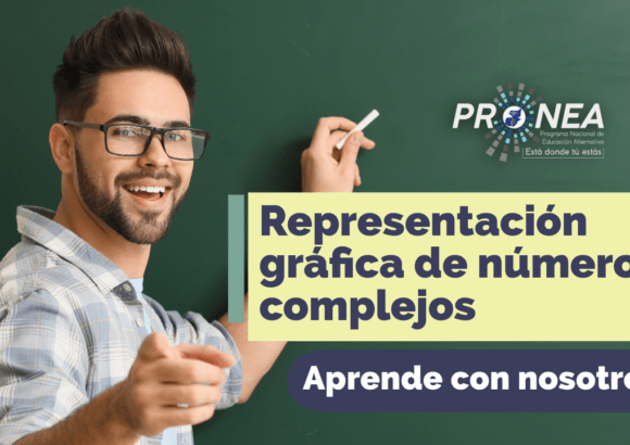 Un profesor con una tiza en la mano que te indica sobre el tema de "Representación gráfica de números complejos". Está la leyenda "Aprende con nosotros", del Programa Nacional de Educación Alternativa (PRONEA).