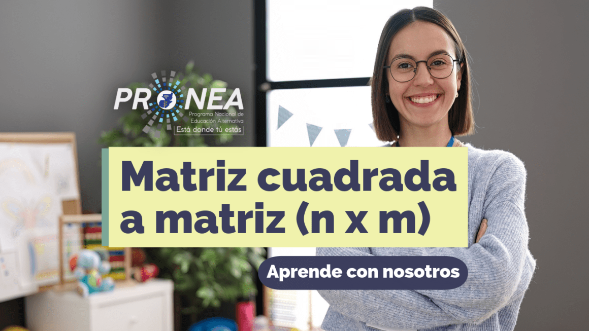 matriz cuadrada a matriz nxm Uan profesora está de brazos cruzados, usa lentes. Presenta el tema "Matriz cuadrada a matriz ene por eme". Se lee la leyenda "Aprende con nosotros" del Programa Nacional de Educación Alternativa (Pronea).