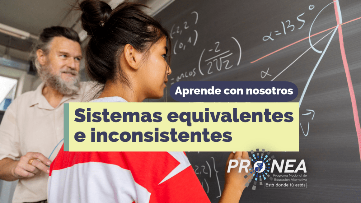 Es un profesor con una estudiante. Le explica el tema "Sistemas equivalentes e inconsistentes". Se lee la leyenda "Aprende con nosotros" del Programa Nacional de Educación Alternativa (PRONEA).