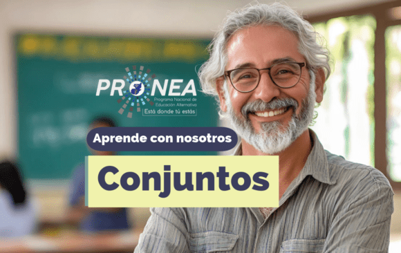 Aparece un profesor con canas y lentes. Presenta el tema "Conjuntos". Se lee la leyenda "Aprende con nosotros" del Programa Nacional de Educación Alternativa (Pronea).