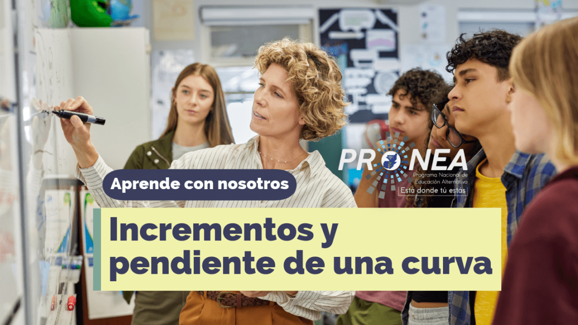 Una maestra les está enseñando un ejemplo a los alumnos con un pizarrón. Presenta el tema "Incrementos y pendiente de una curva". Se lee la leyenda "Aprende con nosotros" del Programa Nacional de Educación Extraescolar (Pronea).
