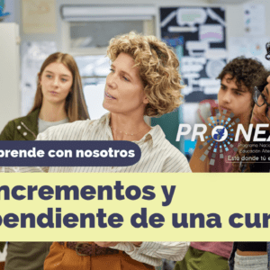 Una maestra les está enseñando un ejemplo a los alumnos con un pizarrón. Presenta el tema "Incrementos y pendiente de una curva". Se lee la leyenda "Aprende con nosotros" del Programa Nacional de Educación Extraescolar (Pronea).