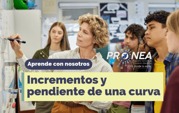 Una maestra les está enseñando un ejemplo a los alumnos con un pizarrón. Presenta el tema "Incrementos y pendiente de una curva". Se lee la leyenda "Aprende con nosotros" del Programa Nacional de Educación Extraescolar (Pronea).
