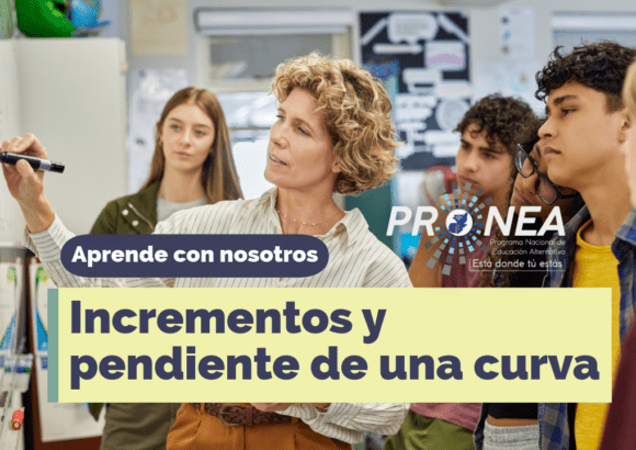 Una maestra les está enseñando un ejemplo a los alumnos con un pizarrón. Presenta el tema "Incrementos y pendiente de una curva". Se lee la leyenda "Aprende con nosotros" del Programa Nacional de Educación Extraescolar (Pronea).
