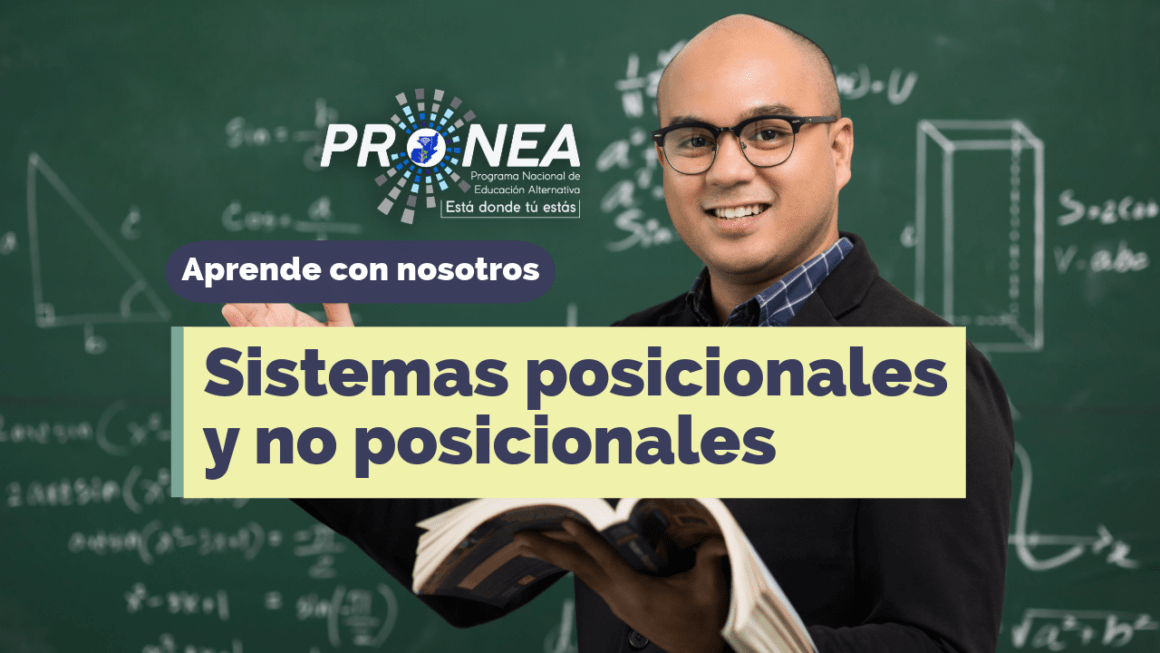 Sistemas posicionales y no posicionales Es un profesor con un libro en la mano. Detrás hay un pizarrón con ecuaciones matemáticas. Presenta el tema "Sistemas posicionales y no posicionales" del Programa Nacional de Educación Alternativa (Pronea).