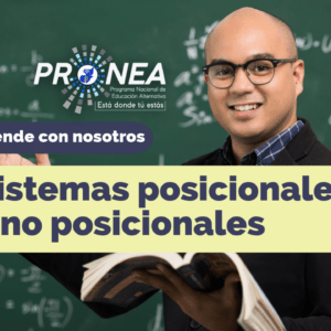 Es un profesor con un libro en la mano. Detrás hay un pizarrón con ecuaciones matemáticas. Presenta el tema "Sistemas posicionales y no posicionales" del Programa Nacional de Educación Alternativa (Pronea).