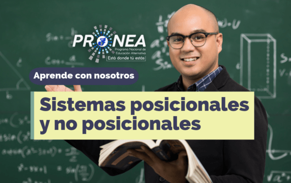 Es un profesor con un libro en la mano. Detrás hay un pizarrón con ecuaciones matemáticas. Presenta el tema "Sistemas posicionales y no posicionales" del Programa Nacional de Educación Alternativa (Pronea).