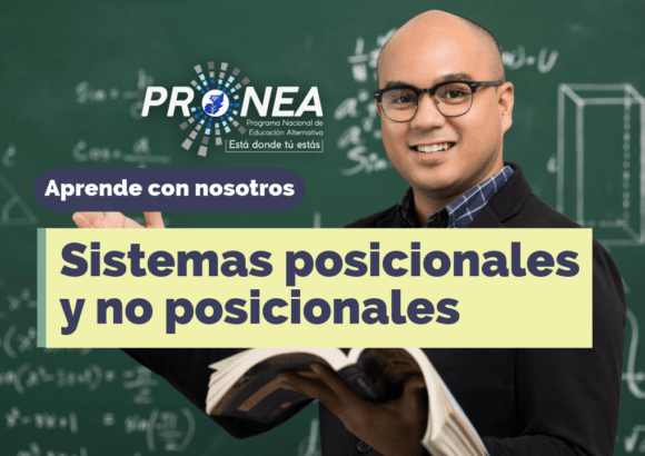 Es un profesor con un libro en la mano. Detrás hay un pizarrón con ecuaciones matemáticas. Presenta el tema "Sistemas posicionales y no posicionales" del Programa Nacional de Educación Alternativa (Pronea).