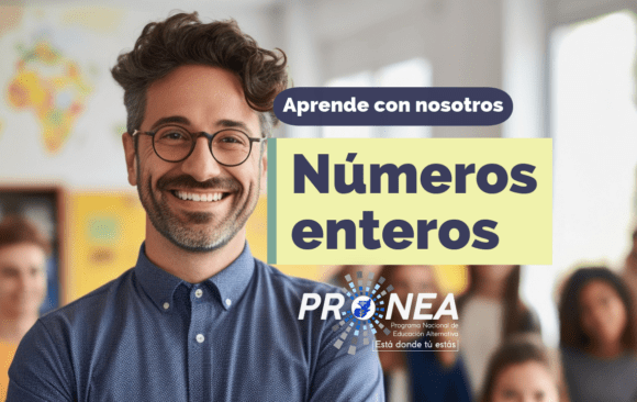 números enteros Se presenta un profesor sonriente. El tema es "números enteros". Se lee la leyenda "Aprende de nosotros" con el Programa Nacional de Educación Alternativa.