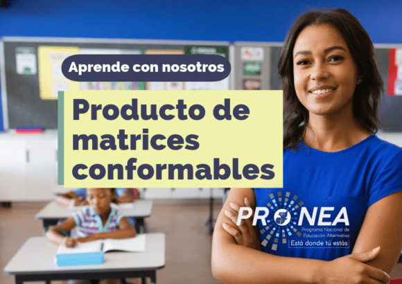 Una maestra con los brazos cruzados. Presenta el tema "Producto de matrices conformables". Se lee la leyenda "Aprende con nosotros" del Programa Nacional de Educación Alternativa (Pronea).
