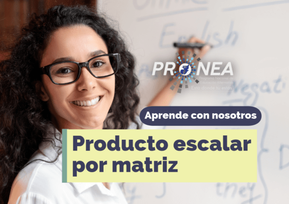 Una maestra enseña con un pizarrón. Presenta el tema "Producto escalar por matriz". Se lee la leyenda "Aprende con nosotros" del Programa Nacional de Educación Alternativa (Pronea).