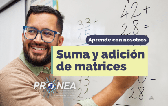 suma y adición de matrices Imagen de un profesor que explica las sumas en un pizarrón. Presenta el tema "Suma y adición de matrices". Se lee la leyenda "Aprende con nosotros" del Programa Nacional de Educación Alternativa (PRONEA).