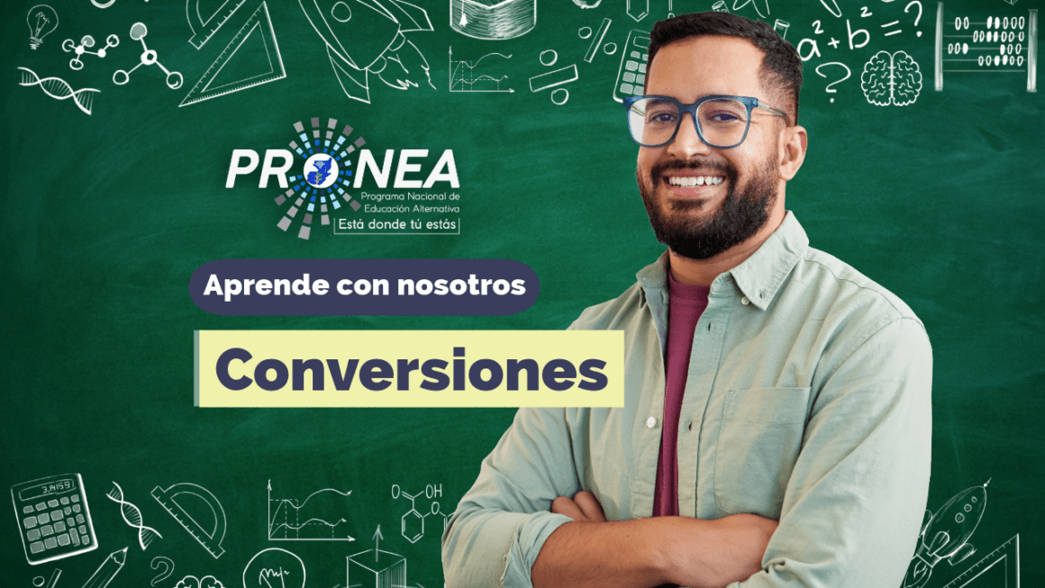 Conversiones Un profesor de brazos cruzados. Presenta el tema "Conversiones". Se lee la leyenda "Aprende con nosotros" del Programa Nacional de Educación Alternativa (Pronea).