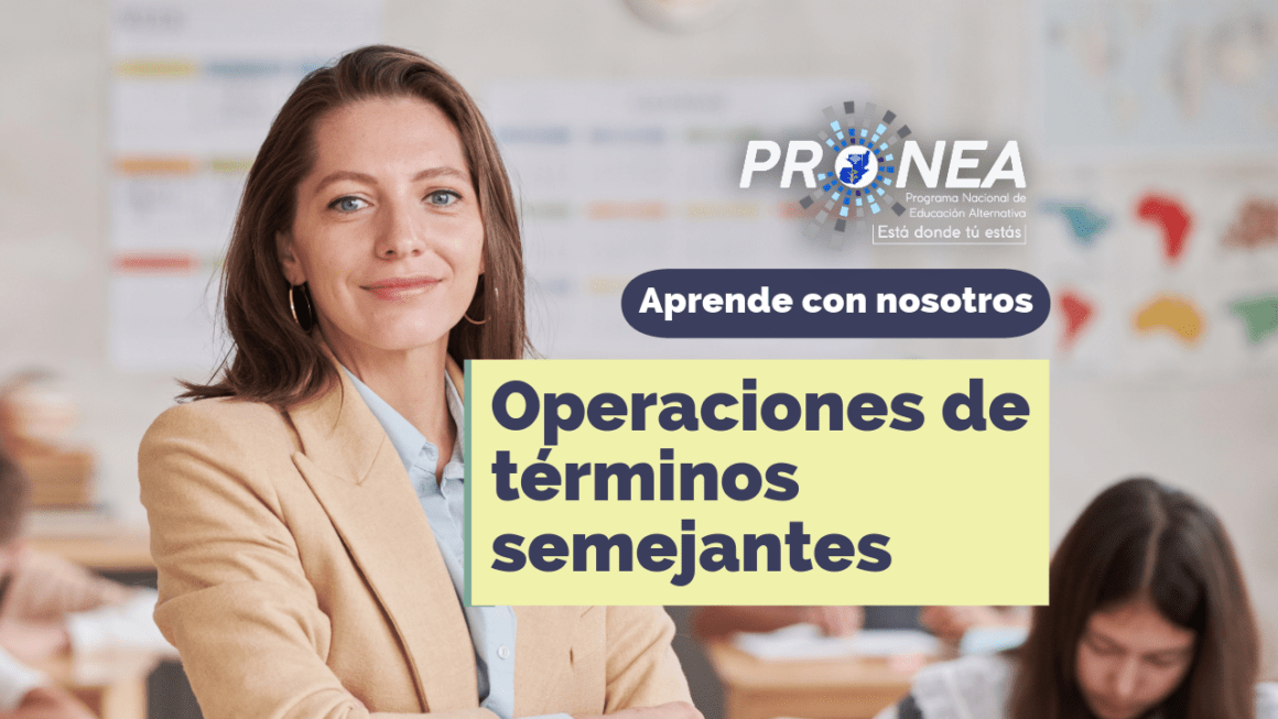 Una profesora de brazos cruzados. Presenta el tema "Operaciones de términos semejantes". Se lee la leyenda "Aprende con nosotros" por parte del Programa Nacional de Educación Alternativa.