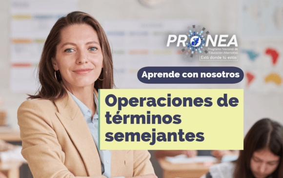 Una profesora de brazos cruzados. Presenta el tema "Operaciones de términos semejantes". Se lee la leyenda "Aprende con nosotros" por parte del Programa Nacional de Educación Alternativa.