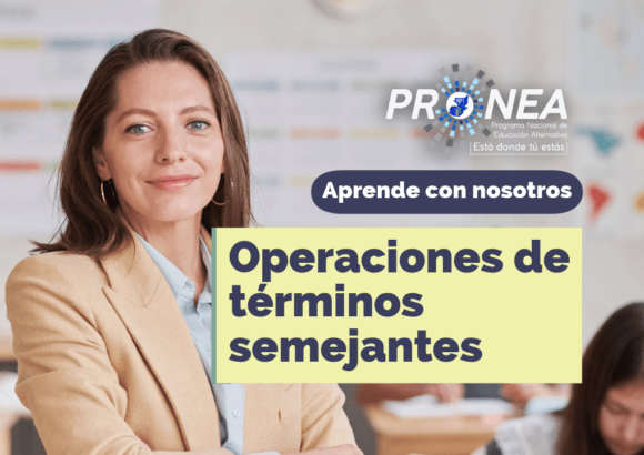 Una profesora de brazos cruzados. Presenta el tema "Operaciones de términos semejantes". Se lee la leyenda "Aprende con nosotros" por parte del Programa Nacional de Educación Alternativa.