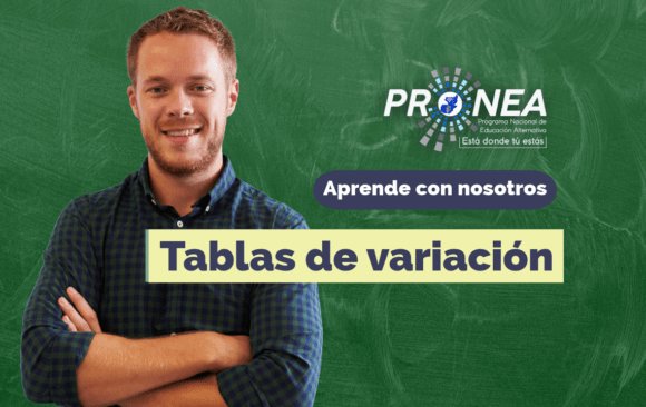 Un profesor de brazos cruzados. Presenta el tema "Tablas de variación". Se lee la leyenda "Aprende con nosotros" del Programa Nacional de Educación Alternativa (PRONEA).