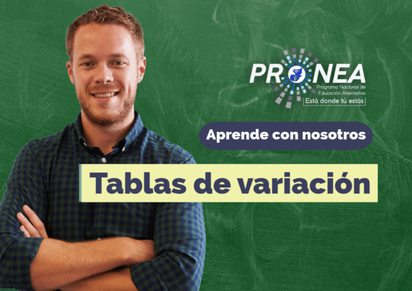 Un profesor de brazos cruzados. Presenta el tema "Tablas de variación". Se lee la leyenda "Aprende con nosotros" del Programa Nacional de Educación Alternativa (PRONEA).
