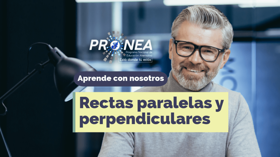 Un profesor con lentes. Presenta el tema "Rectas paralelas y perpendiculares". Se lee la leyenda "Aprende con nosotros" del Programa Nacional de Educación Alternativa (Pronea).