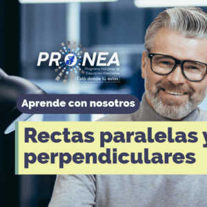 Un profesor con lentes. Presenta el tema "Rectas paralelas y perpendiculares". Se lee la leyenda "Aprende con nosotros" del Programa Nacional de Educación Alternativa (Pronea).