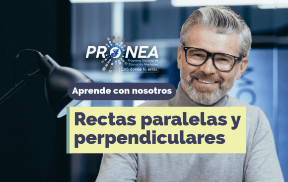 Un profesor con lentes. Presenta el tema "Rectas paralelas y perpendiculares". Se lee la leyenda "Aprende con nosotros" del Programa Nacional de Educación Alternativa (Pronea).