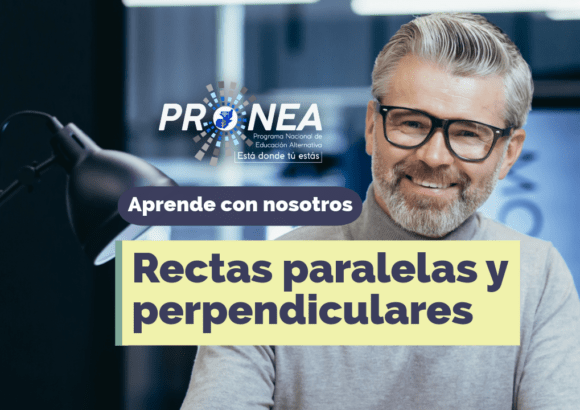 Un profesor con lentes. Presenta el tema "Rectas paralelas y perpendiculares". Se lee la leyenda "Aprende con nosotros" del Programa Nacional de Educación Alternativa (Pronea).