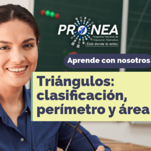 Una profesora sonríe. Se presenta el tema "Triángulos: clasificación, perímetro y área". Se lee la leyenda "Aprende con nosotros" del Programa Nacional de Educación Alternativa (Pronea).