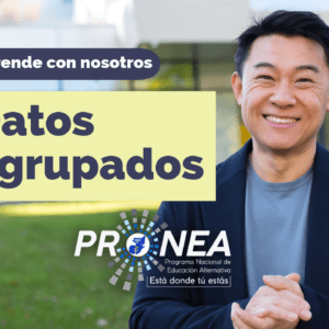 Un profesor sonríe y tiene las manos agarradas. Presenta el tema "Datos agrupados". Se lee la leyenda "Aprende con nosotros", del Programa Nacional de Educación Alternativa.