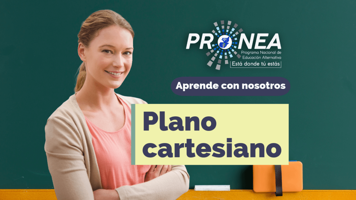 Una maestra sonríe con los brazos cruzados. Presenta el tema "Plano cartesiano". Se lee "Aprende con nosotros" por parte del Programa Nacional de Educación Alternativa (Pronea).