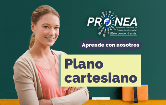 Una maestra sonríe con los brazos cruzados. Presenta el tema "Plano cartesiano". Se lee "Aprende con nosotros" por parte del Programa Nacional de Educación Alternativa (Pronea).