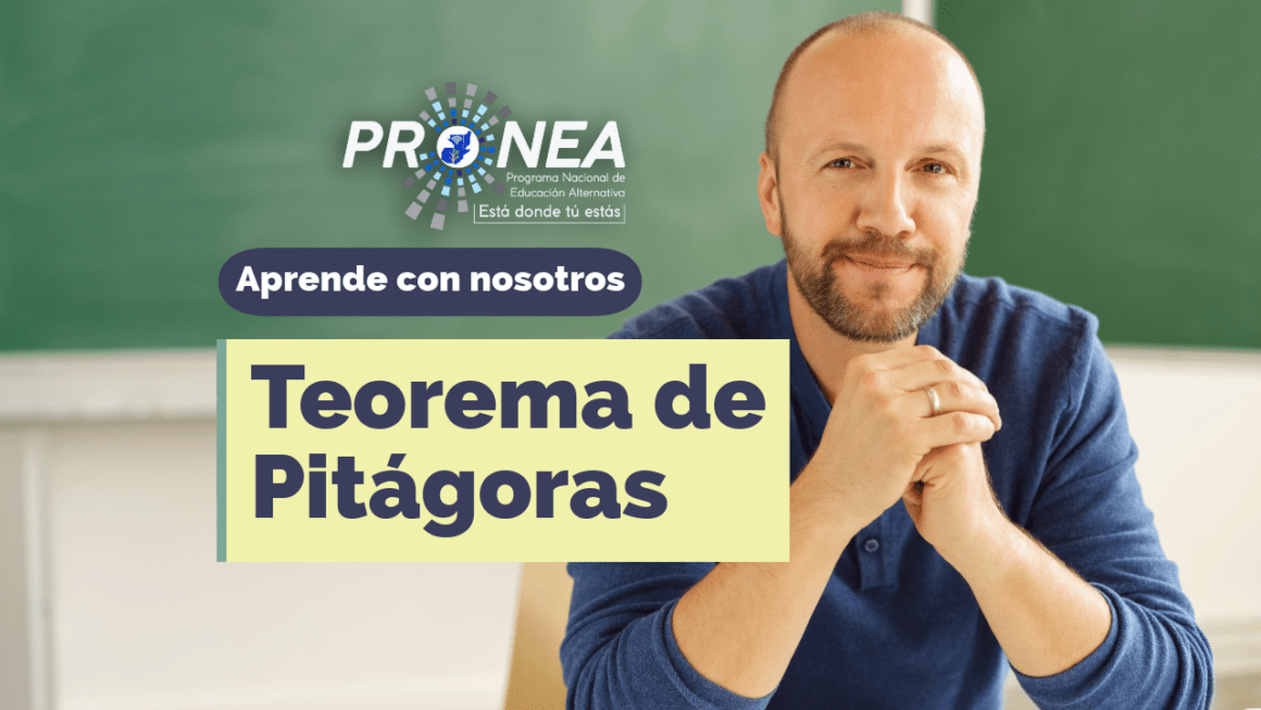 Un profesor que sostiene sus manos. Presenta el tema "Teorema de Pitágoras". Se lee la leyenda "Aprende con nosotros" del Programa Nacional de Educación Alternativa (Pronea).
