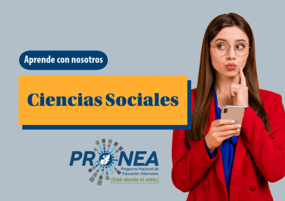 Una chica con un celular en la mano hace una expresión curiosa, está pensando en algo. Se presenta el tema "ciencias sociales". Se lee la leyenda "Aprende con nosotros", del Programa Nacional de Educación Alternativa.