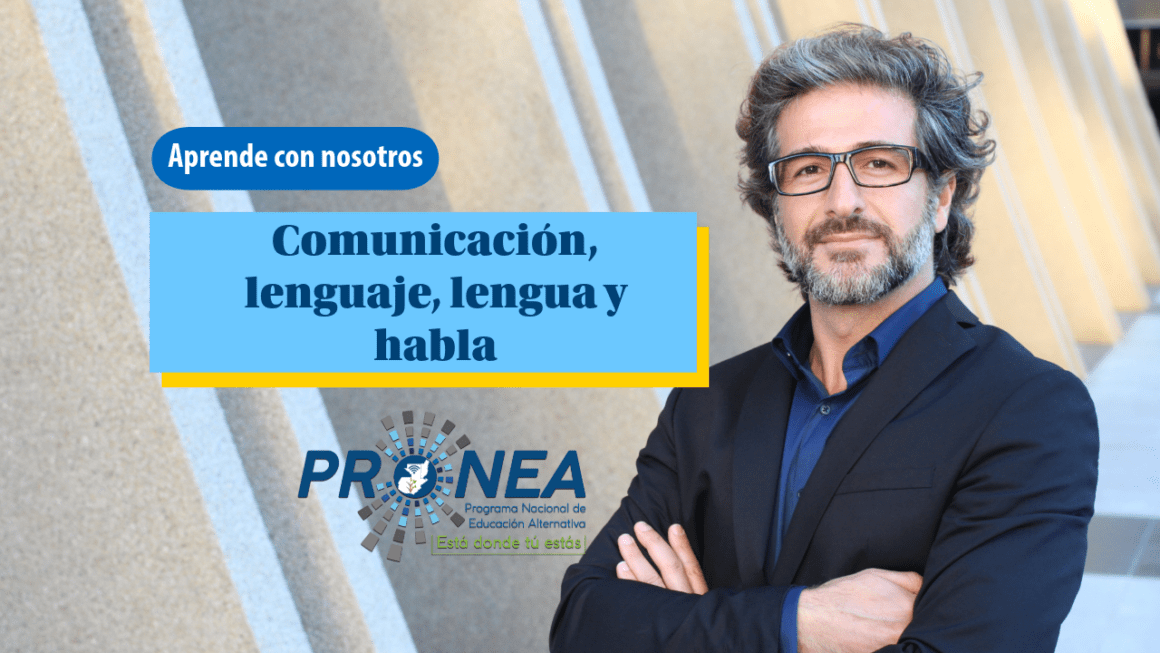 Comunicacion lenguaje lengua y habla (1) Un profesor con lentes y con los brazos cruzados. Presenta el tema "Comunicación, lenguaje, lengua y habla". Se lee la leyenda "Aprende con nosotros" del Programa Nacional de Educación Alternativa (Pronea).