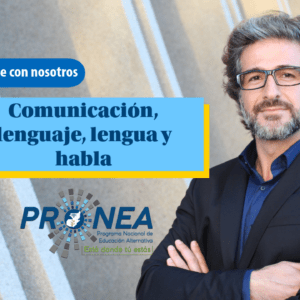 Comunicacion lenguaje lengua y habla (1) Un profesor con lentes y con los brazos cruzados. Presenta el tema "Comunicación, lenguaje, lengua y habla". Se lee la leyenda "Aprende con nosotros" del Programa Nacional de Educación Alternativa (Pronea).