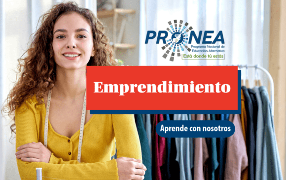 Una mujer costurera en su taller. Se presenta el tema "Emprendimiento". Se lee "Aprende con nosotros", del Programa Nacional de Educación Extraescolar (Pronea).