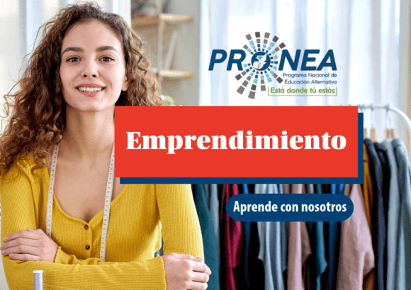 Una mujer costurera en su taller. Se presenta el tema "Emprendimiento". Se lee "Aprende con nosotros", del Programa Nacional de Educación Extraescolar (Pronea).