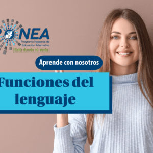Una chica sonriente. Se presenta el tema "Funciones del lenguaje". Se lee "Aprende con nosotros", del Programa Nacional de Educación Alternativa (Pronea).