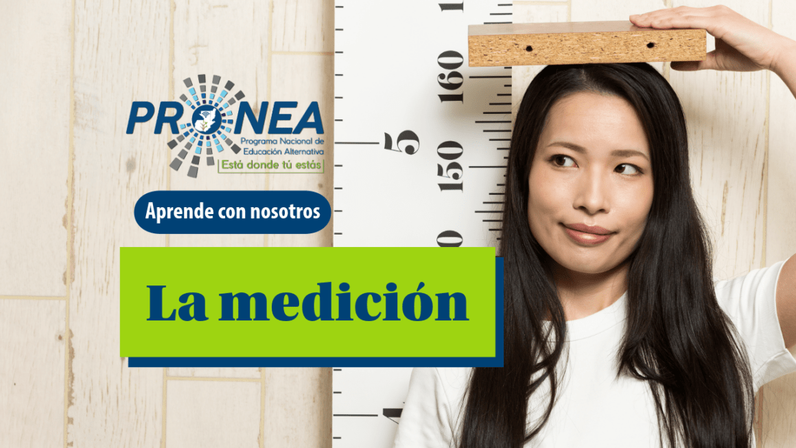 Una chica mide su altura. Se presenta el tema "La medición". Se lee "Aprende con nosotros" del Programa Nacional de Educación Alternativa (Pronea).
