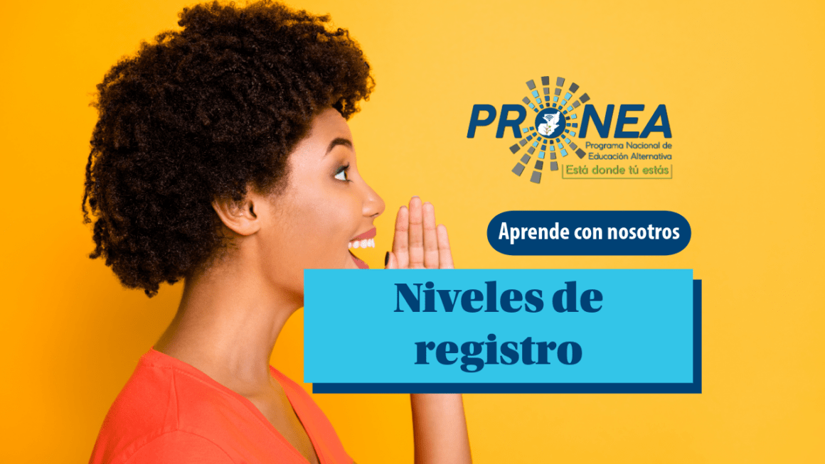 Una mujer que le está hablando a alguien a la distancia. Pone su mano cerca de su boca para alzar el sonido de su voz. Se presenta el tema "Niveles de registro de una lengua". Se lee "Aprende con nosotros", del Programa Nacional de Educación Alternativa (Pronea).
