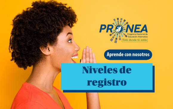 Una mujer que le está hablando a alguien a la distancia. Pone su mano cerca de su boca para alzar el sonido de su voz. Se presenta el tema "Niveles de registro de una lengua". Se lee "Aprende con nosotros", del Programa Nacional de Educación Alternativa (Pronea).