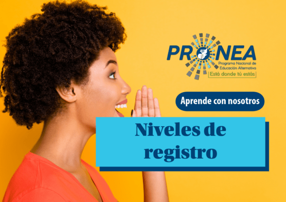 Una mujer que le está hablando a alguien a la distancia. Pone su mano cerca de su boca para alzar el sonido de su voz. Se presenta el tema "Niveles de registro de una lengua". Se lee "Aprende con nosotros", del Programa Nacional de Educación Alternativa (Pronea).
