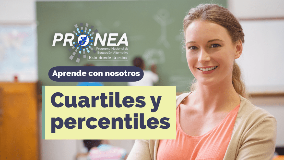 cuartiles y percentiles Una maestra sonriente. Presenta el tema "cuartiles y percentiles". Se lee la leyenda "Aprende con nosotros" del Programa Nacional de Educación Alternativa.