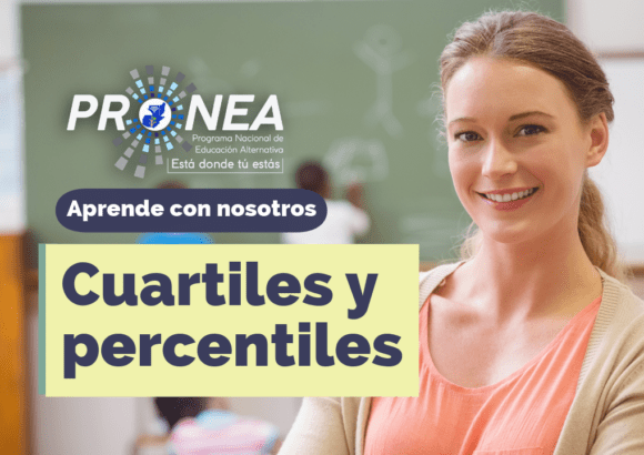 Una maestra sonriente. Presenta el tema "cuartiles y percentiles". Se lee la leyenda "Aprende con nosotros" del Programa Nacional de Educación Alternativa.